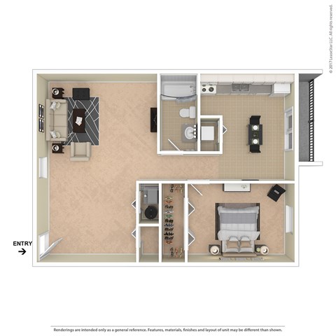 A floor plan of a room with a couch, a bed, a desk, and a television.